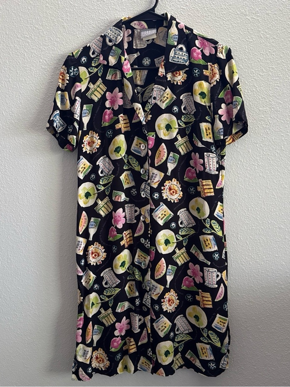 Vintage Rabbit Rabbit Designs Novelty Print Dress Floral Coffeehouse Artsy Dress